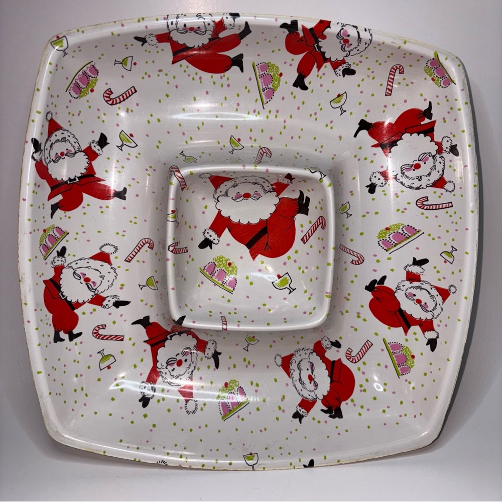 Vintage 1950’s MCM Dancing Santa Chip & Dip Bowl Plastic Martini Jello Mold Xmas
